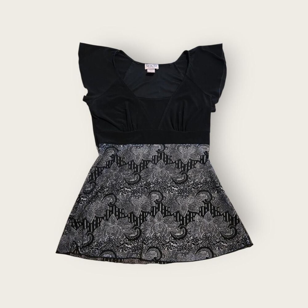 VTG MKM Designs black empire waist flutter sleeve slightly sheer babydoll shirt